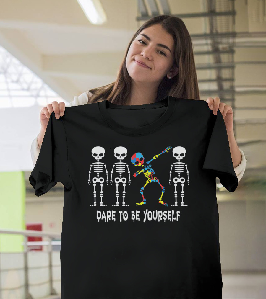 Dare to Be Yourself Heart Kids Dab Skeleton Autism T-Shirt