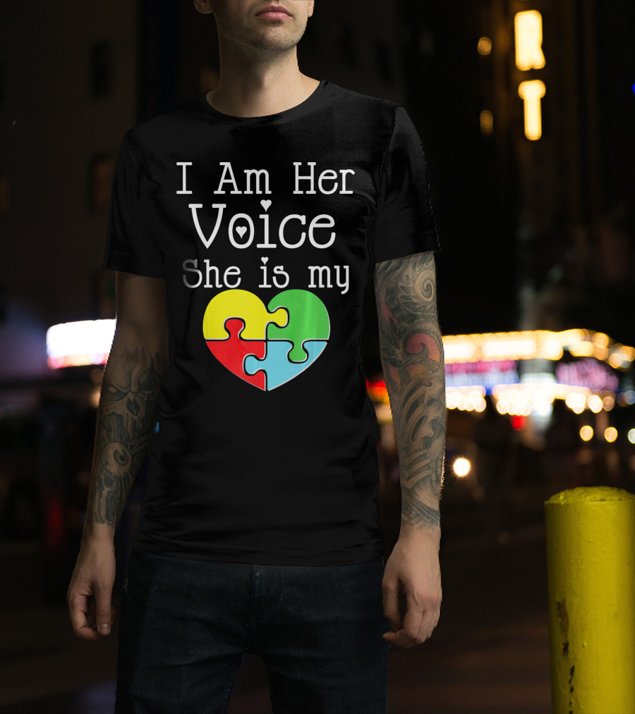 I Am Her Voice She Is My Heart Autism Puzzle Heart T-Shirt