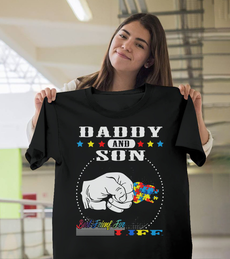 Daddy And Son Best Friends For Life Autism Awareness Puzzle Fist Bump T-Shirt