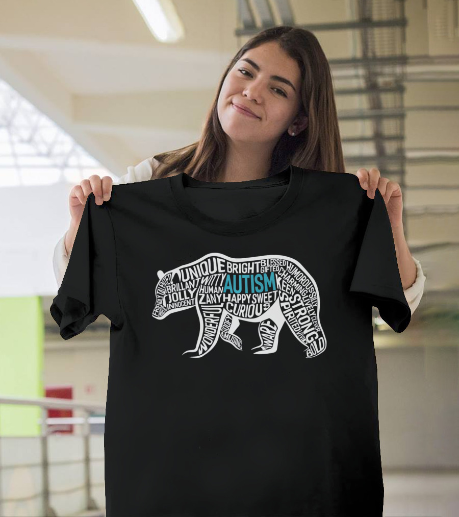Autism Awareness Bear Word Cloud Unique Strong Curious Happy T-Shirt