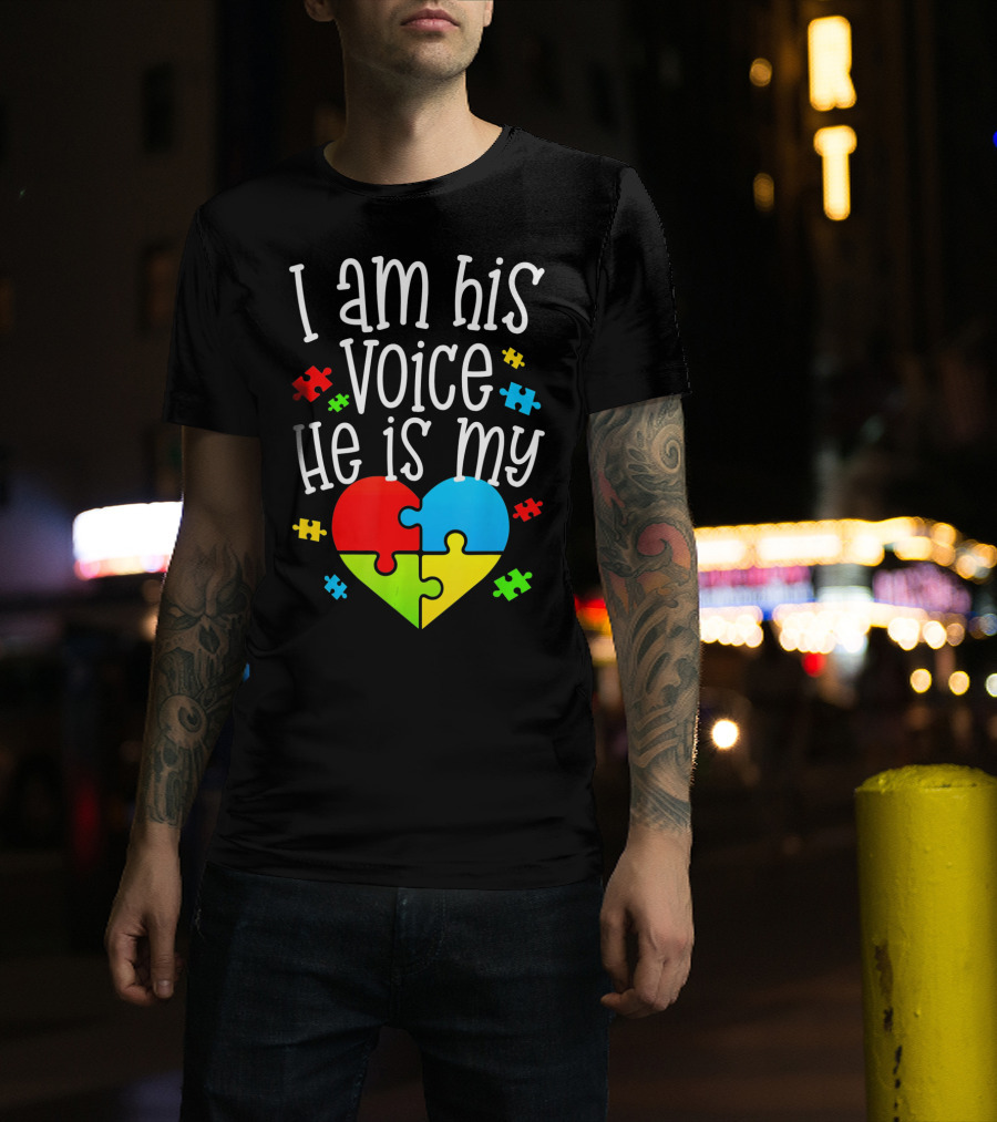 I Am His Voice He Is My Heart Autism Puzzle Pieces T-Shirt
