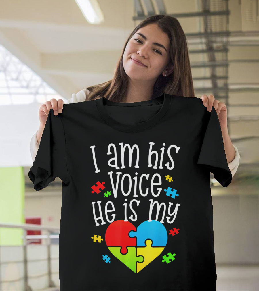 I Am His Voice He Is My Heart Autism Puzzle Pieces T-Shirt