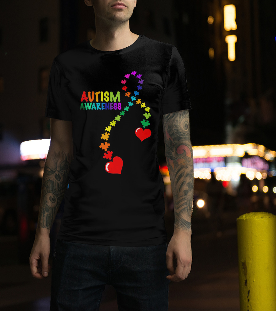 Autism Awareness Puzzle Heart Ribbon Rainbow T-Shirt