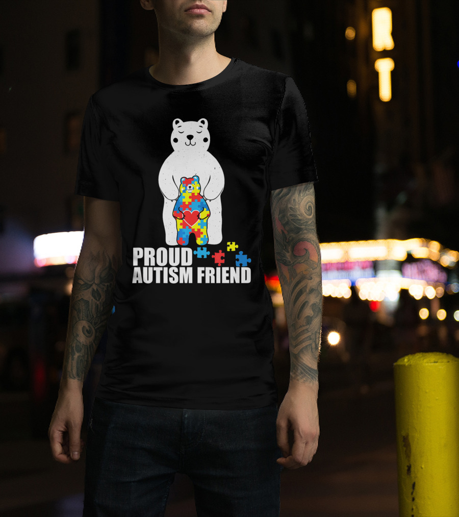 Proud Autism Friend Bear With Colorful Puzzle Pieces T-Shirt