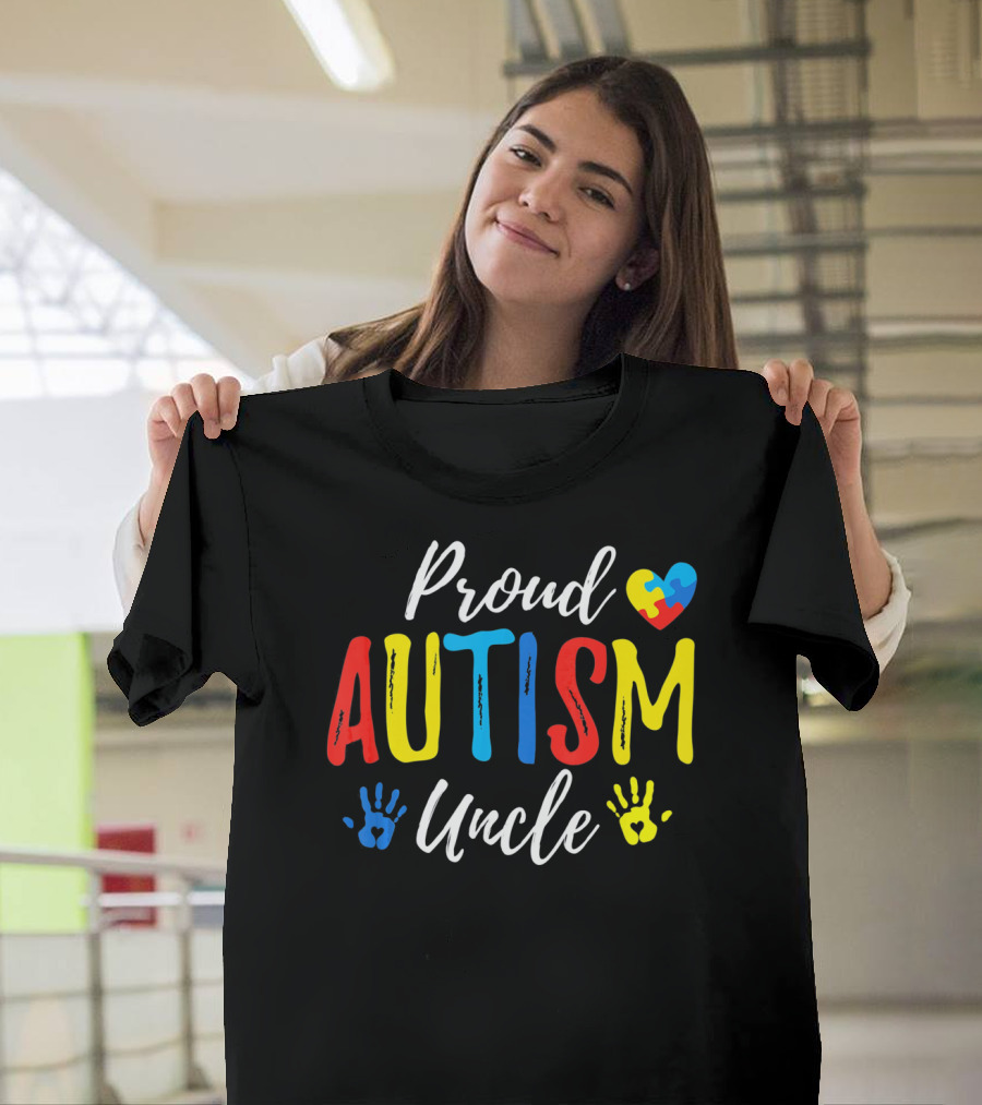 Proud Uncle Autism Awareness Heart Puzzle Handprints T-Shirt