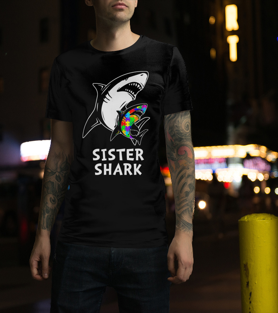 Sister Shark Autism Awareness Puzzle T-Shirt
