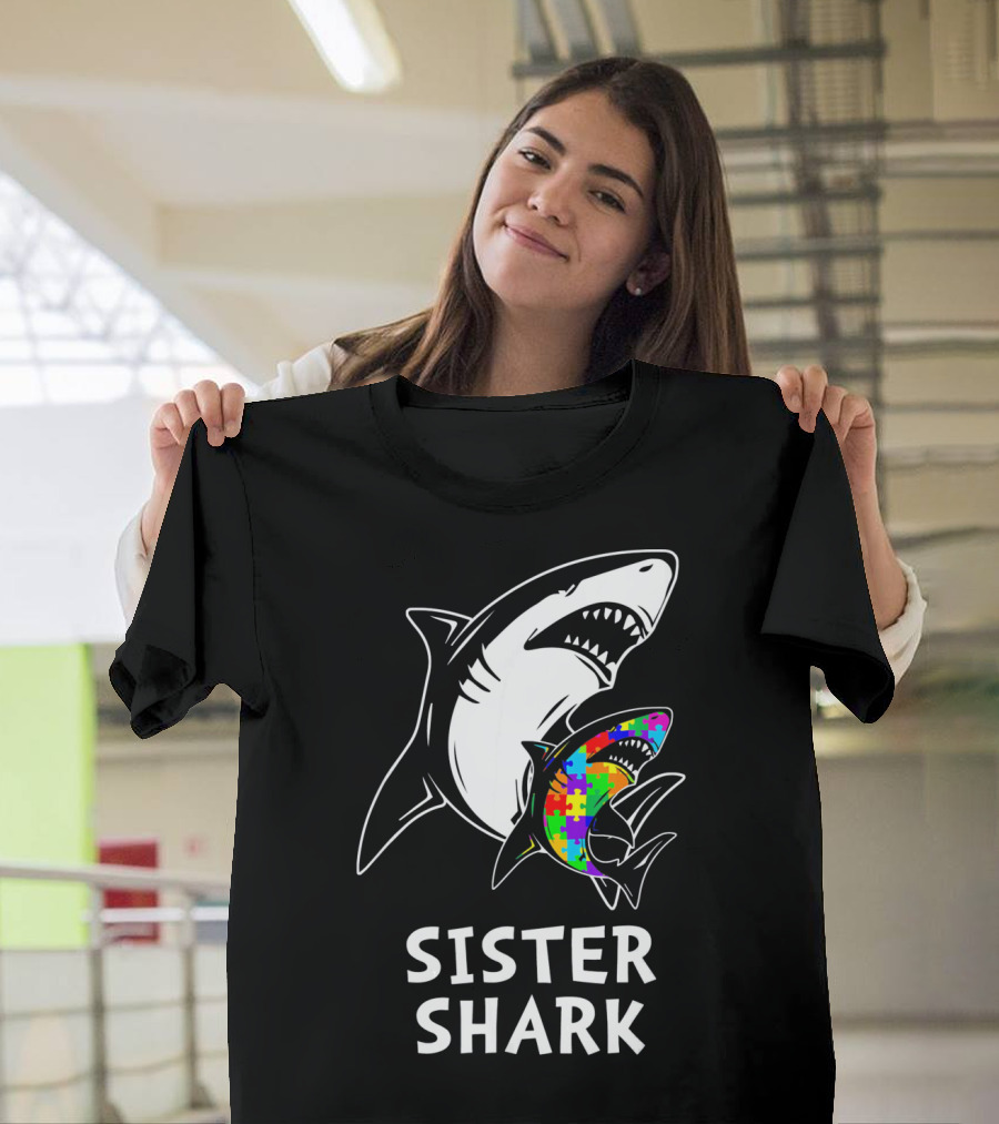 Sister Shark Autism Awareness Puzzle T-Shirt