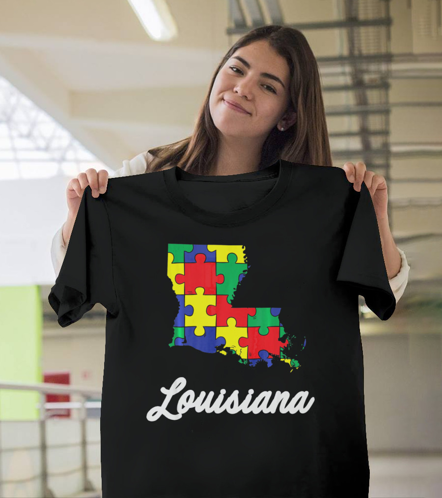 Autism Awareness Puzzle Map Louisiana T-Shirt