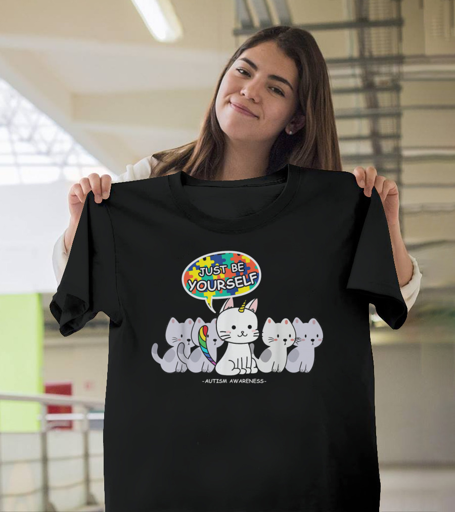 Autism Awareness Just Be Yourself Cat Unicorn with Puzzle T-Shirt