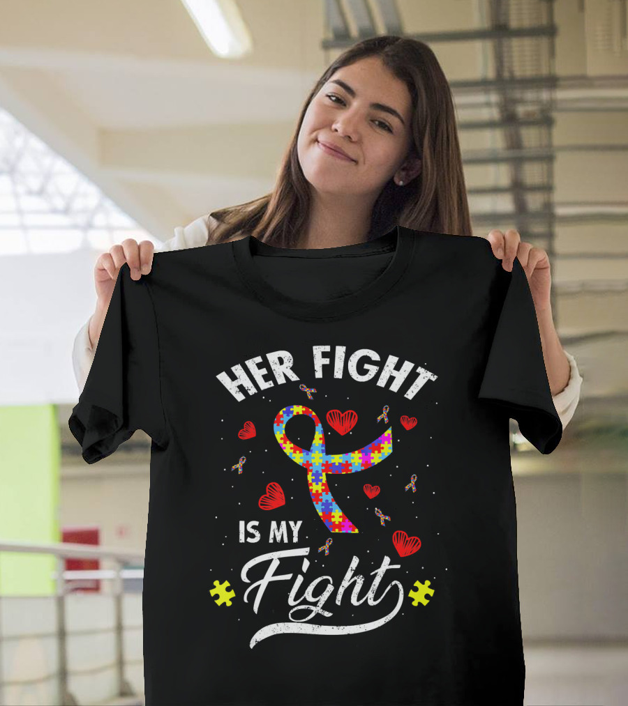 Her Fight Is My Fight Puzzle Ribbon Hearts Autism Awareness T-Shirt