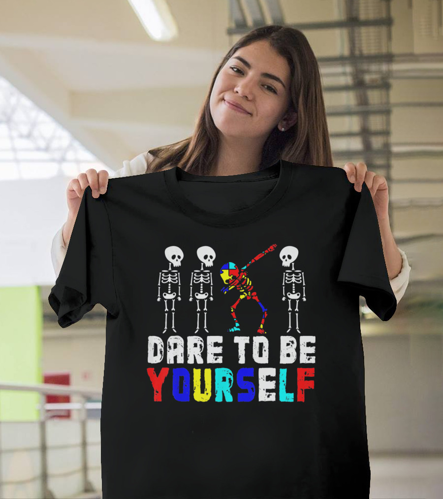 Dare To Be Yourself Skeleton Dabbing Autism Puzzle Colors T-Shirt