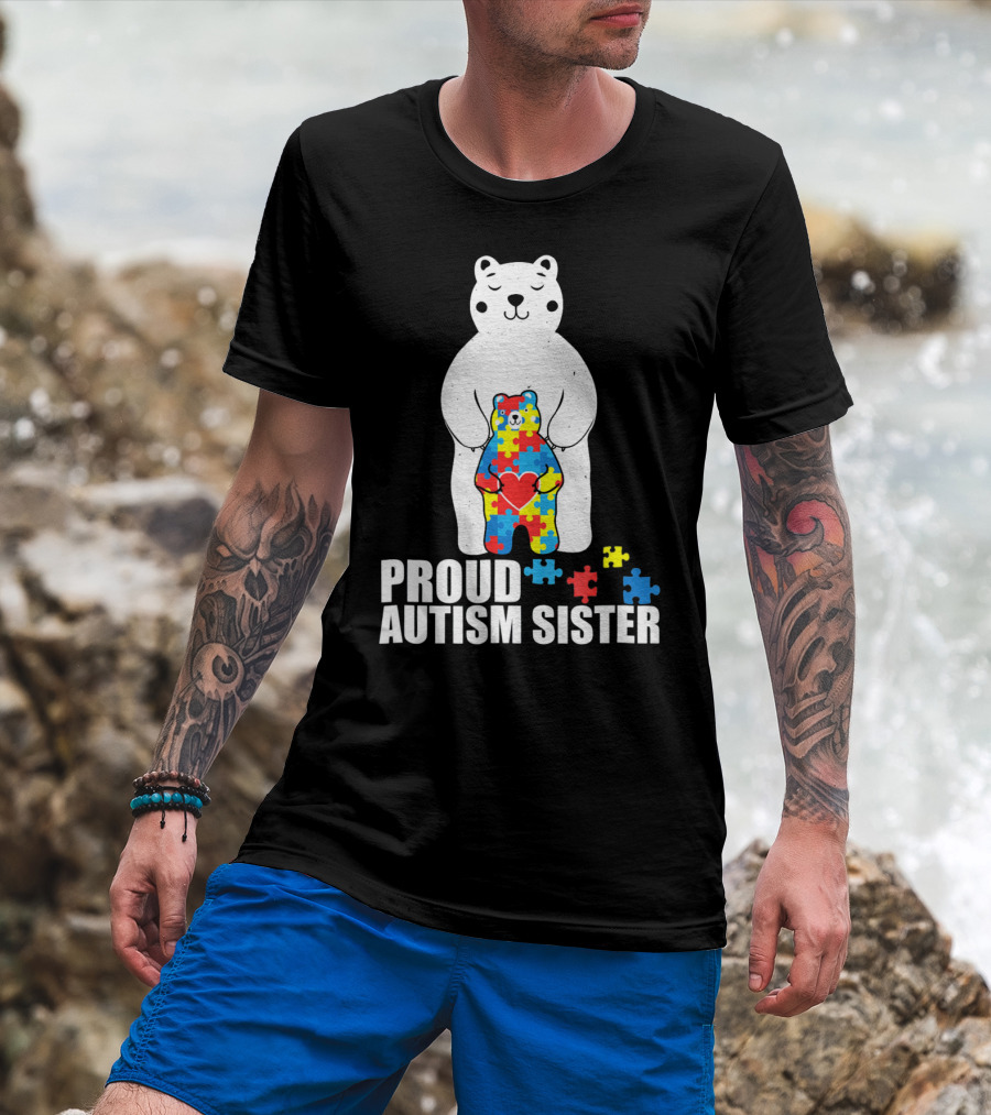 Proud Autism Sister Bear Puzzle Heart Multicolor T-Shirt
