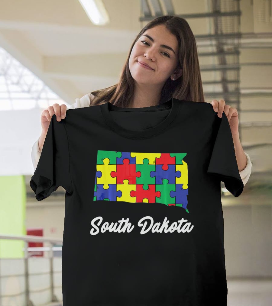 South Dakota Autism Awareness Puzzle Map T-Shirt