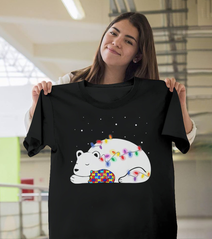 Autism Awareness Mama Bear Christmas Lights Puzzle T-Shirt