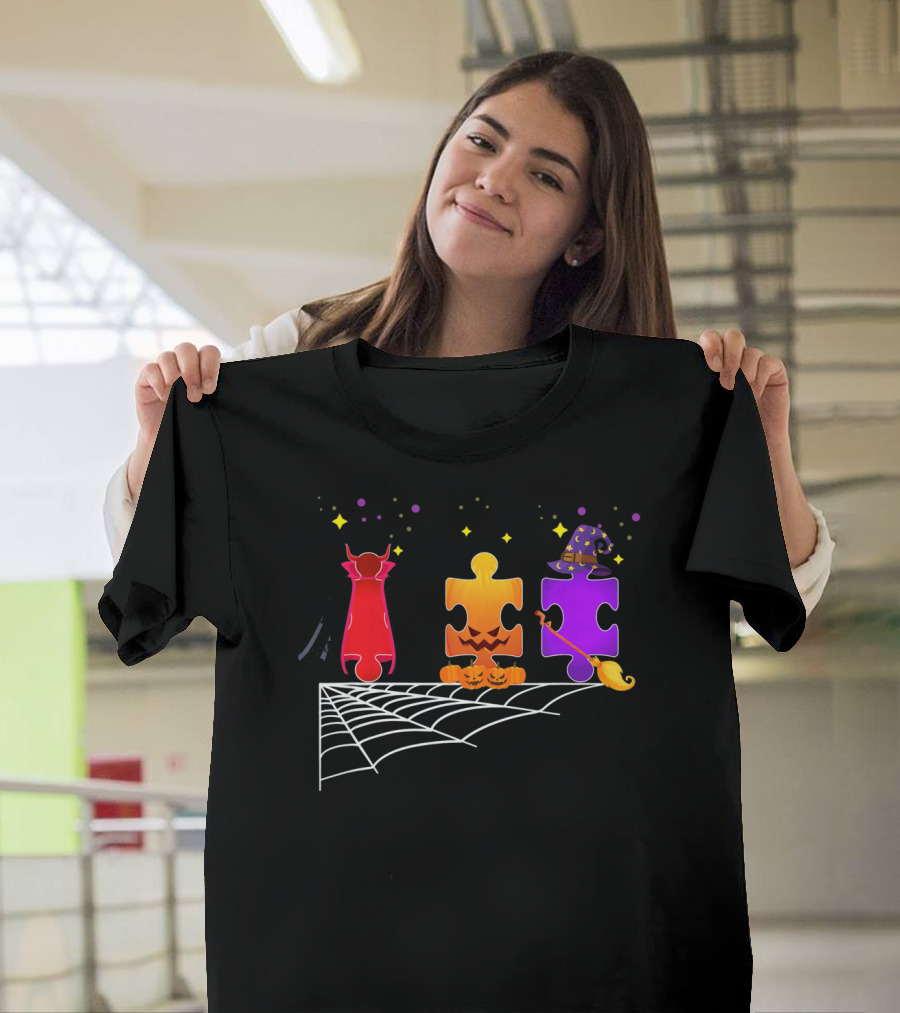 Autism Puzzle Pieces Halloween Witch And Vampire T-Shirt