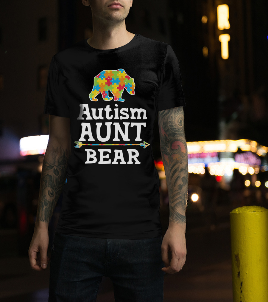Autism Awareness Aunt Bear Puzzle Pattern Arrow T-Shirt