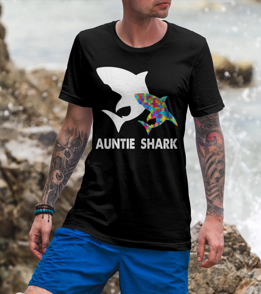 Auntie Shark Autism Puzzle Piece Warrior T-Shirt