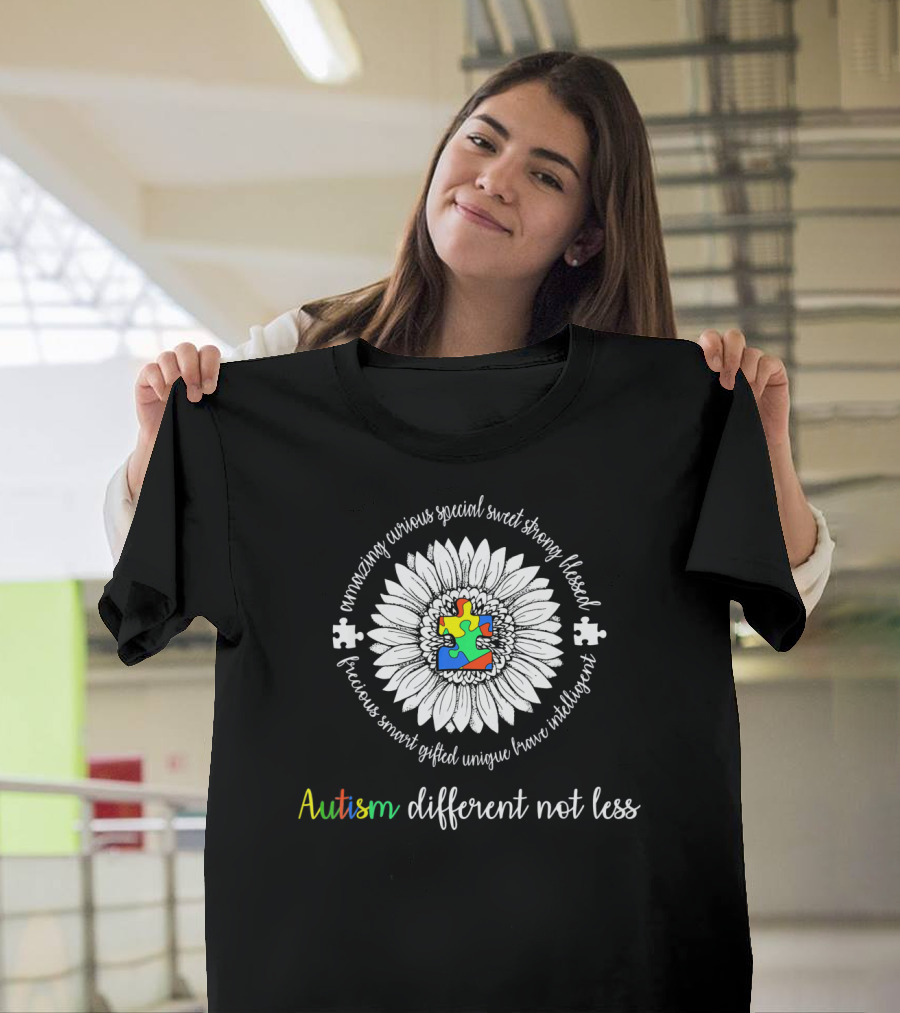 Autism Different Not Less Daisy Flower with Puzzle and Positive Words T-Shirt