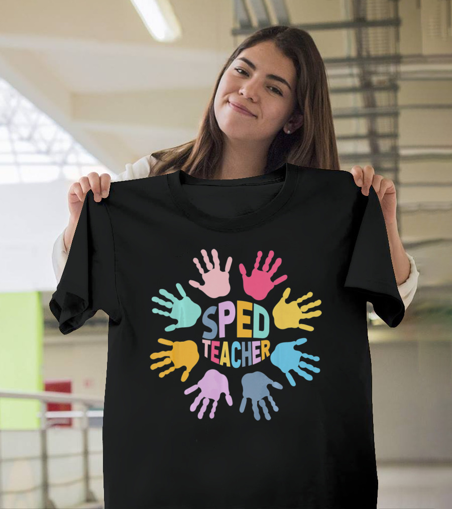 SPED Teacher Colorful Handprint Autism Puzzle Awareness T-Shirt