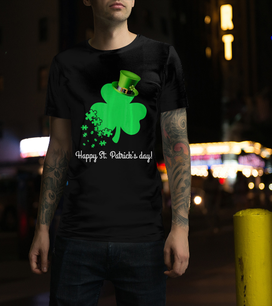 Happy St. Patrick's Day Shamrock With Puzzle Pieces Autism Awareness T-Shirt
