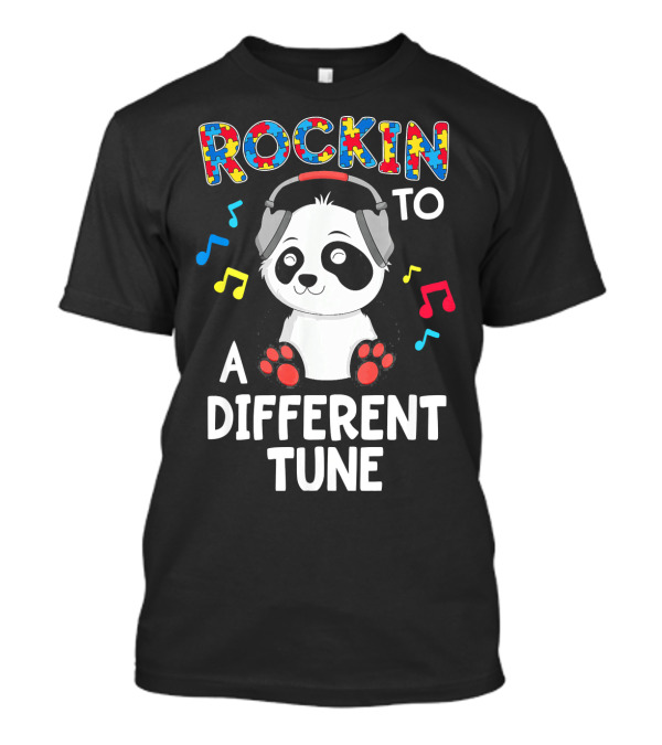 Rockin To A Different Tune Panda Autism Headphones Puzzle Music Notes T-Shirt