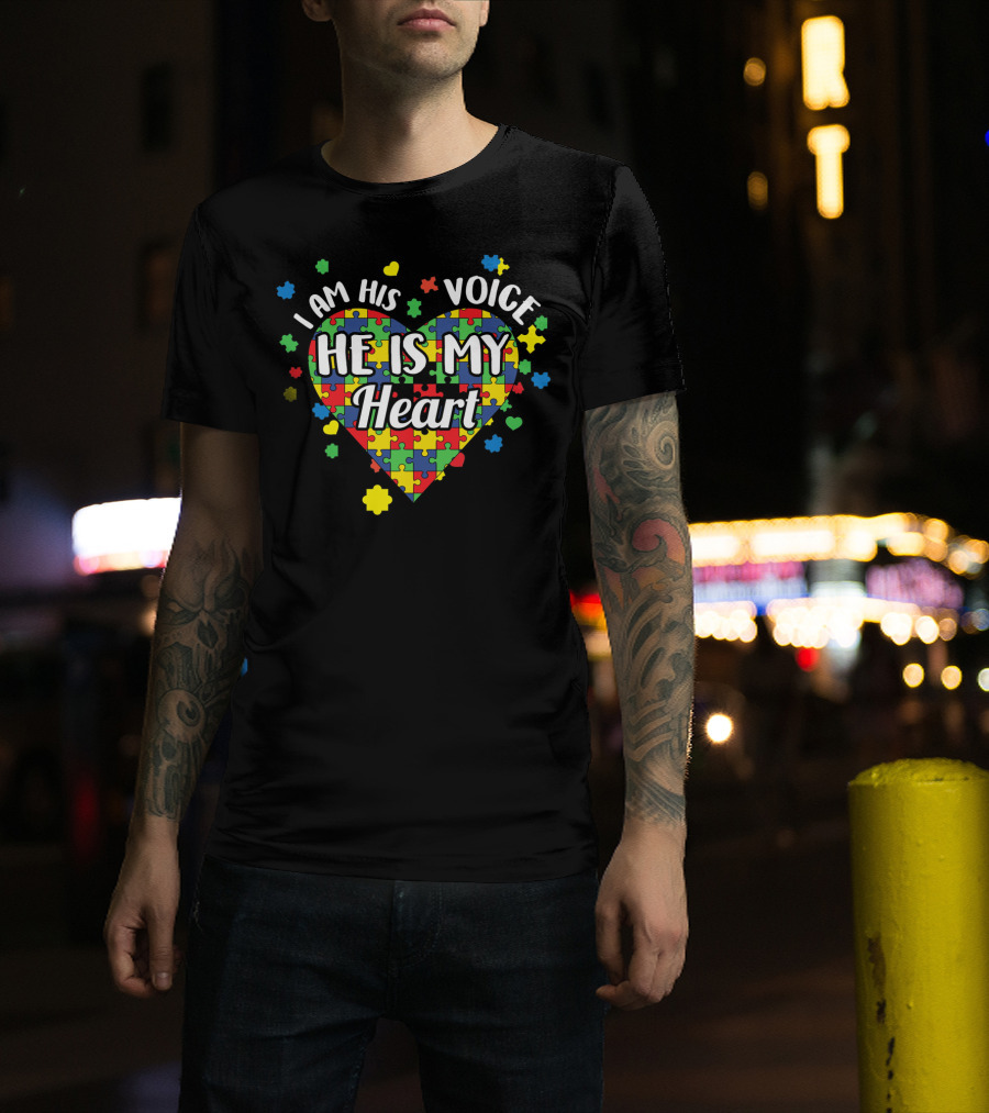 I Am His Voice He Is My Heart Autism Awareness Puzzle Heart T-Shirt