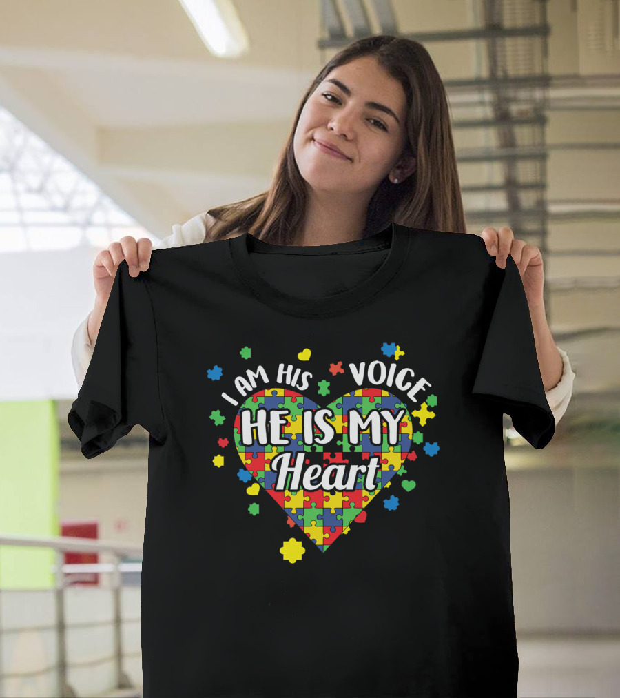I Am His Voice He Is My Heart Autism Awareness Puzzle Heart T-Shirt