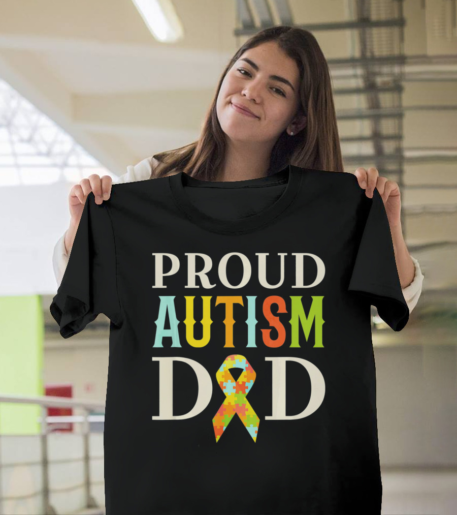 Proud Autism Dad Multicolor Puzzle Ribbon Awareness T-Shirt