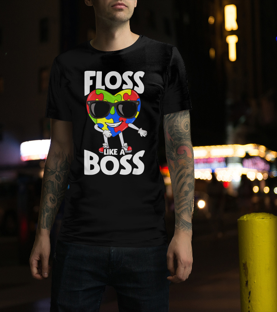 Autism Awareness Floss Like A Boss Puzzle Heart Wearing Sunglasses T-Shirt