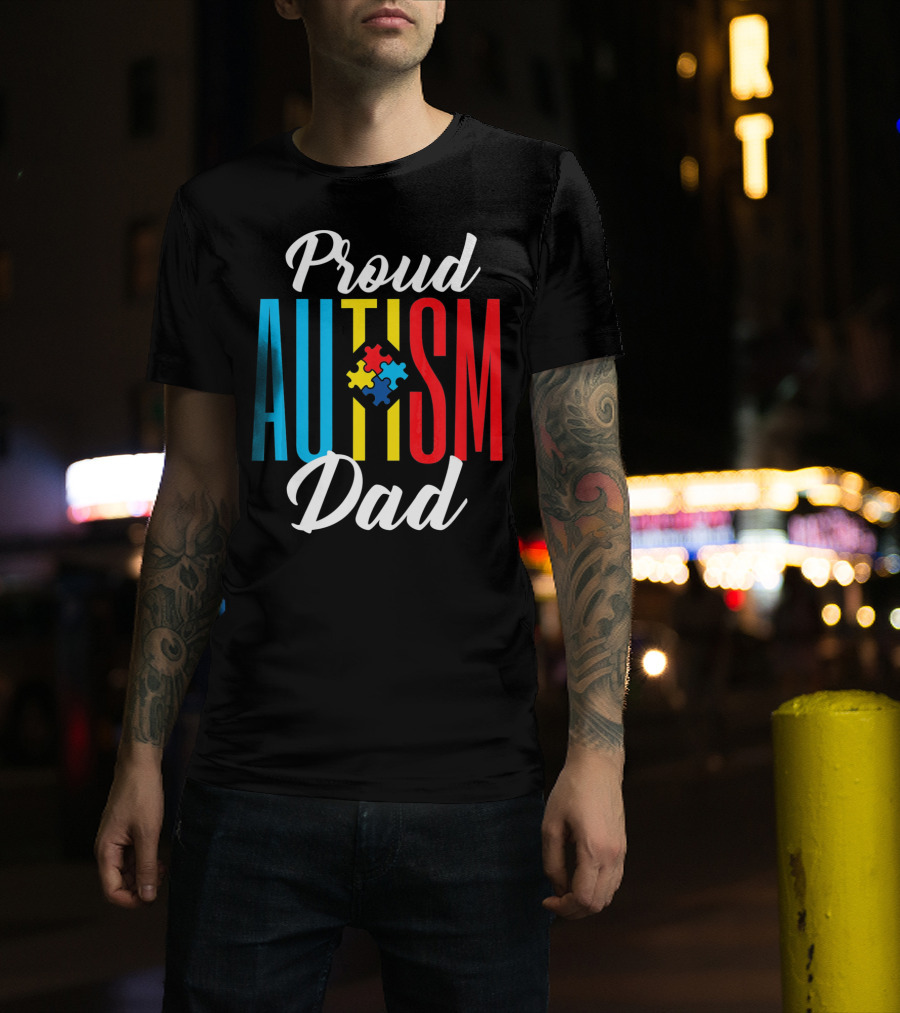 Proud Autism Dad Puzzle Piece Awareness Support T-Shirt
