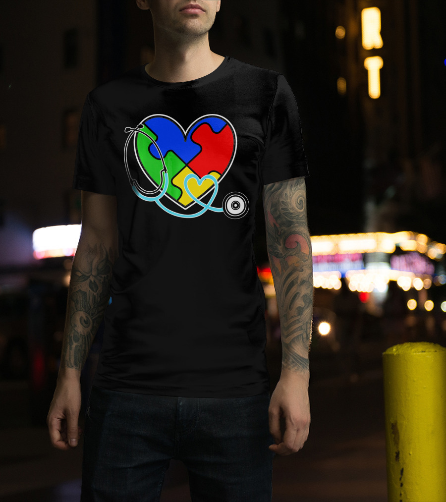 Nurses Autism Awareness Heart With Puzzle Pieces And Stethoscope T-Shirt