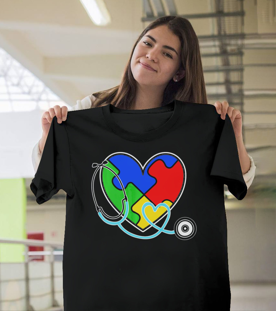 Nurses Autism Awareness Heart With Puzzle Pieces And Stethoscope T-Shirt