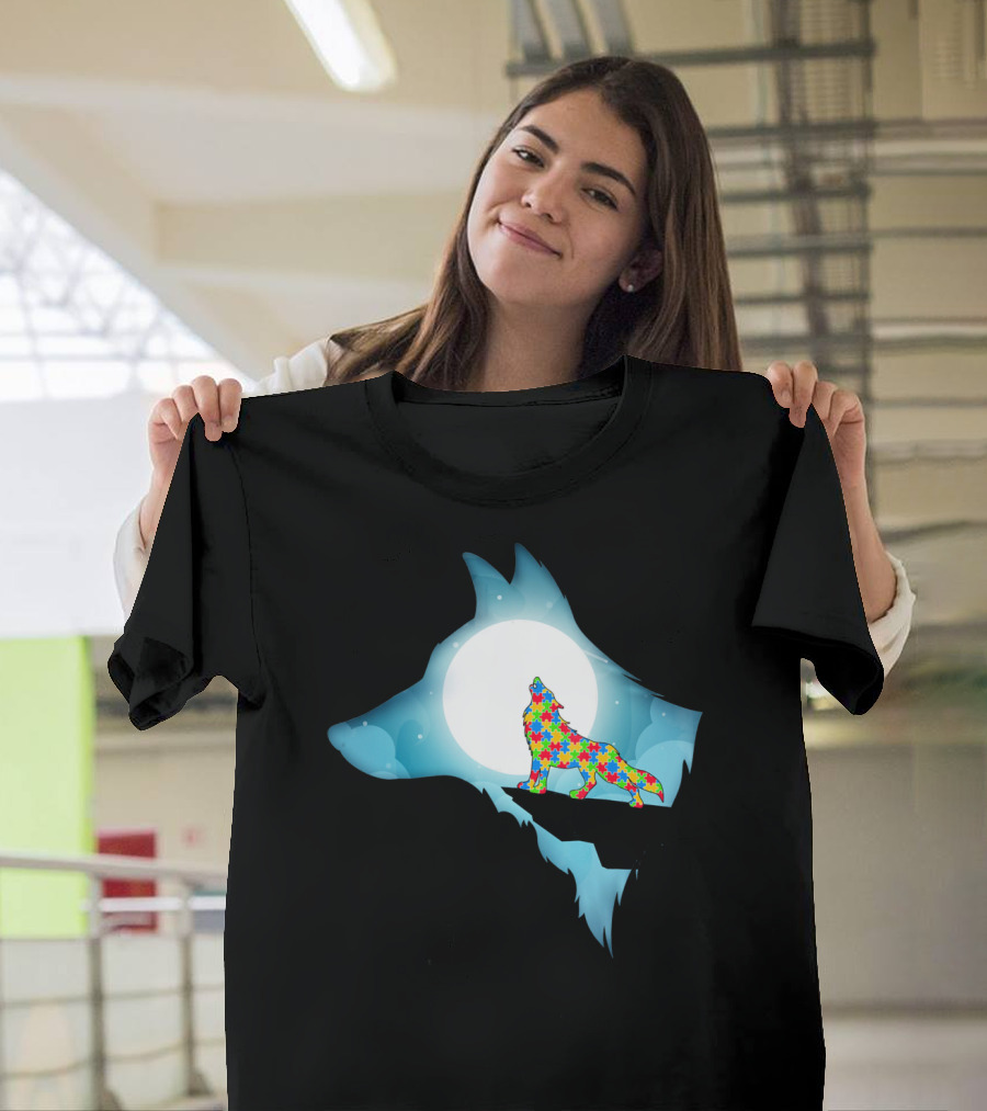 Wolf Wolf Autism Autism Awar Puzzle Wolf Moon T-Shirt