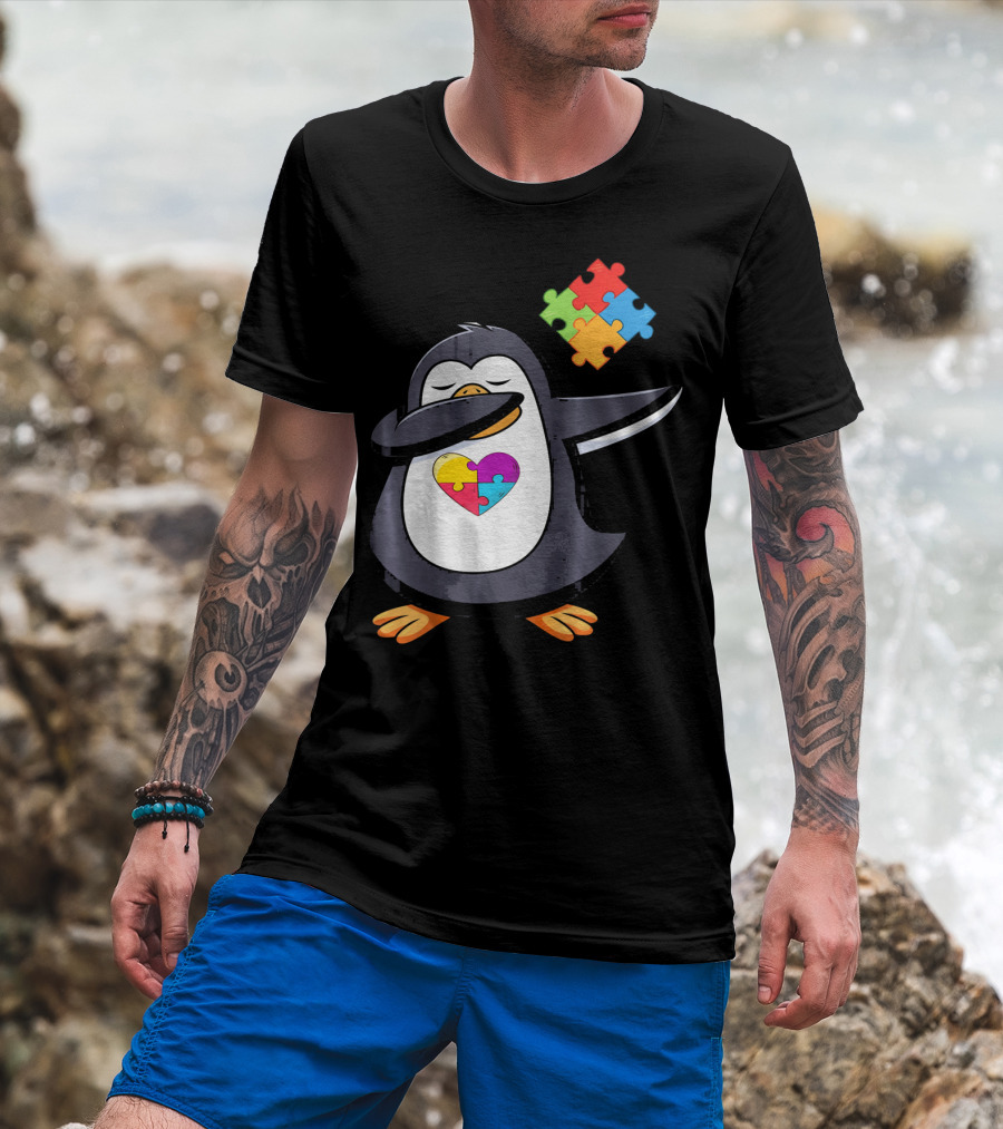 Penguin Dab Puzzle Piece Heart Autism Awareness T-Shirt