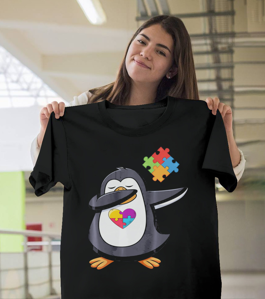 Penguin Dab Puzzle Piece Heart Autism Awareness T-Shirt