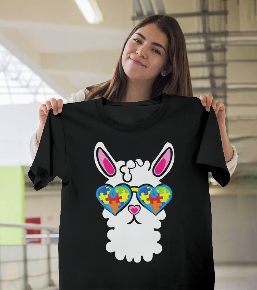 Autism Awareness Llama Heart Puzzle Sunglasses T-Shirt