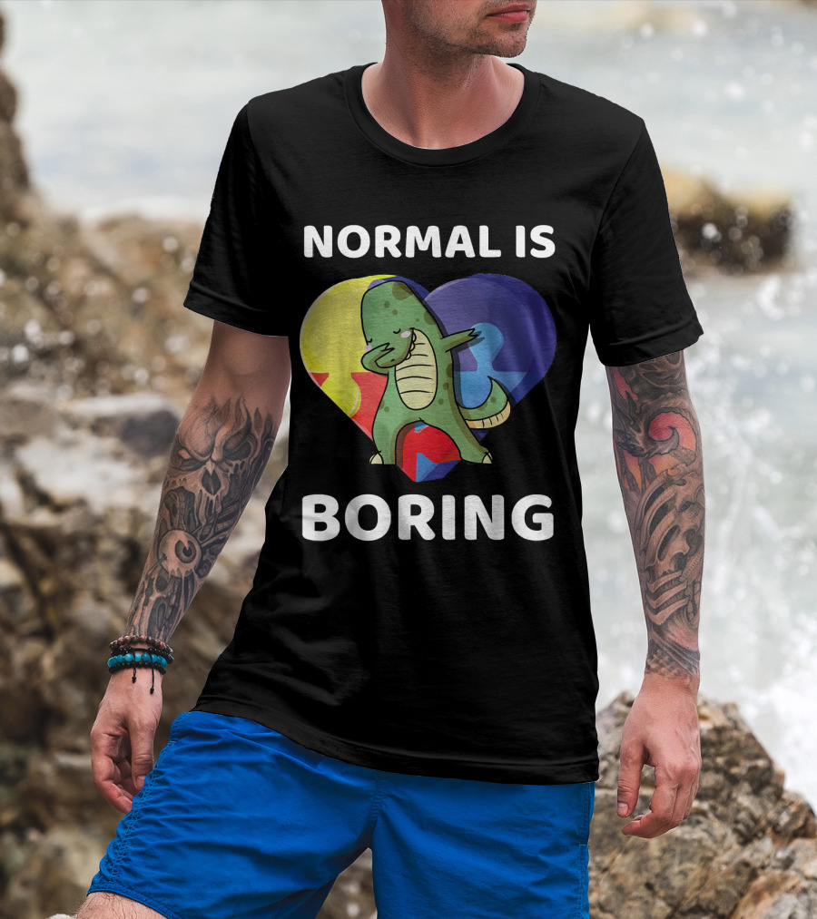 Normal Is Boring Dinosaur Heart Puzzle Autism Awareness T-Shirt