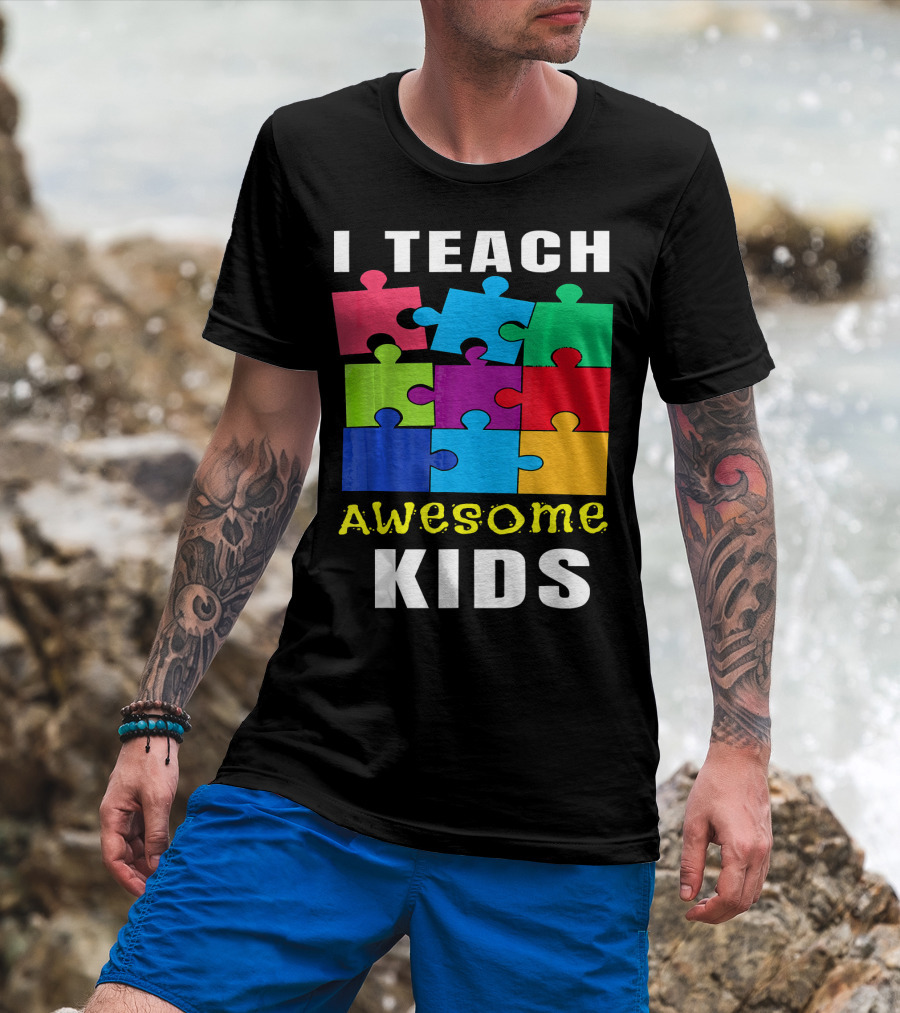 I Teach Awesome Kids Autism Awareness Puzzle Teacher T-Shirt