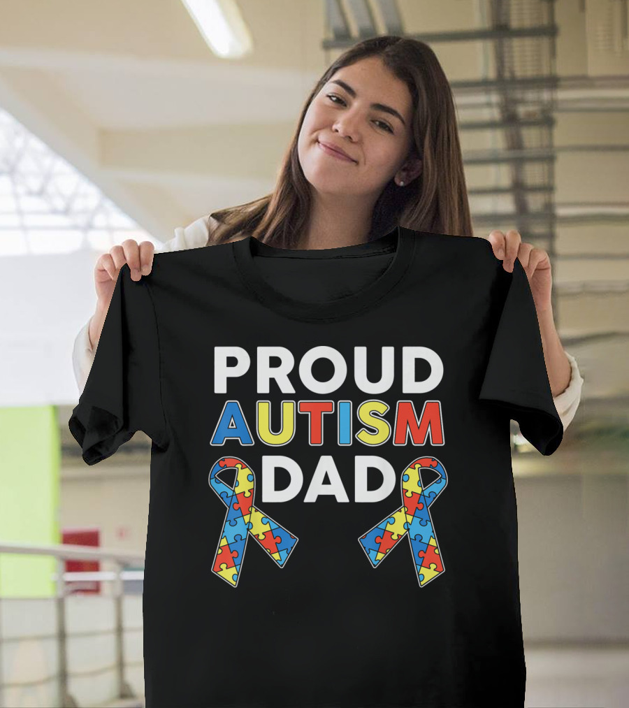 Proud Autism Dad Awareness Ribbon Puzzle T-Shirt