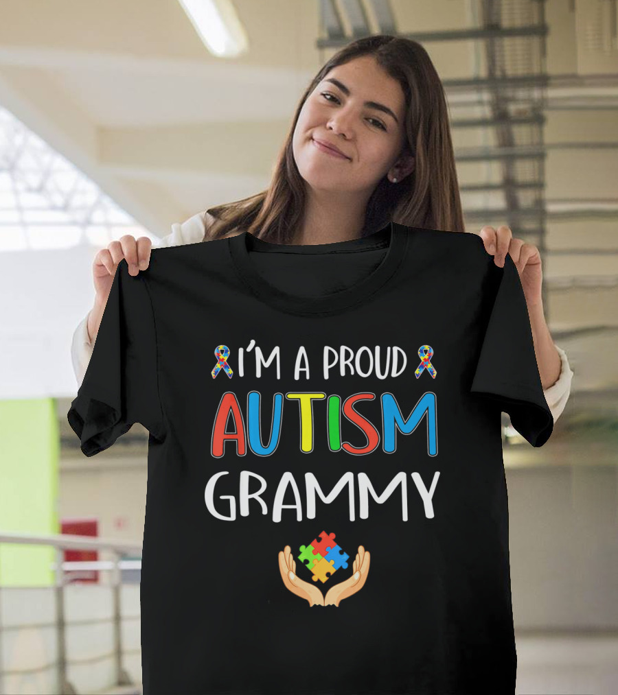 I'm A Proud Autism Grammy Awareness Puzzle Ribbon Hand T-Shirt