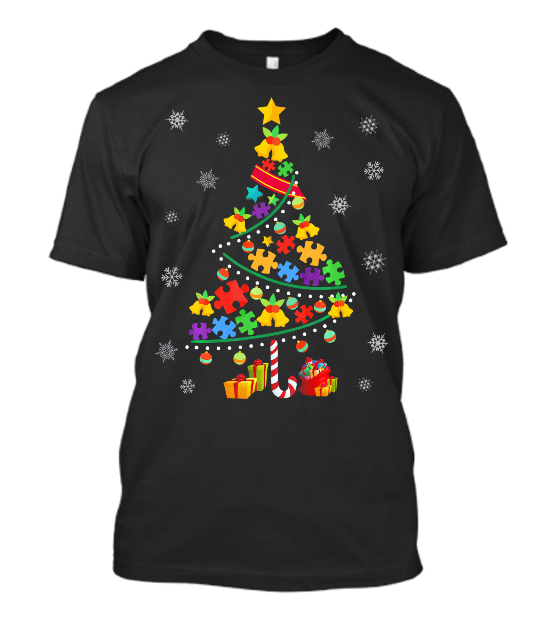 Autism Awareness Christmas Tree Puzzle Pieces Snowflakes T-Shirt
