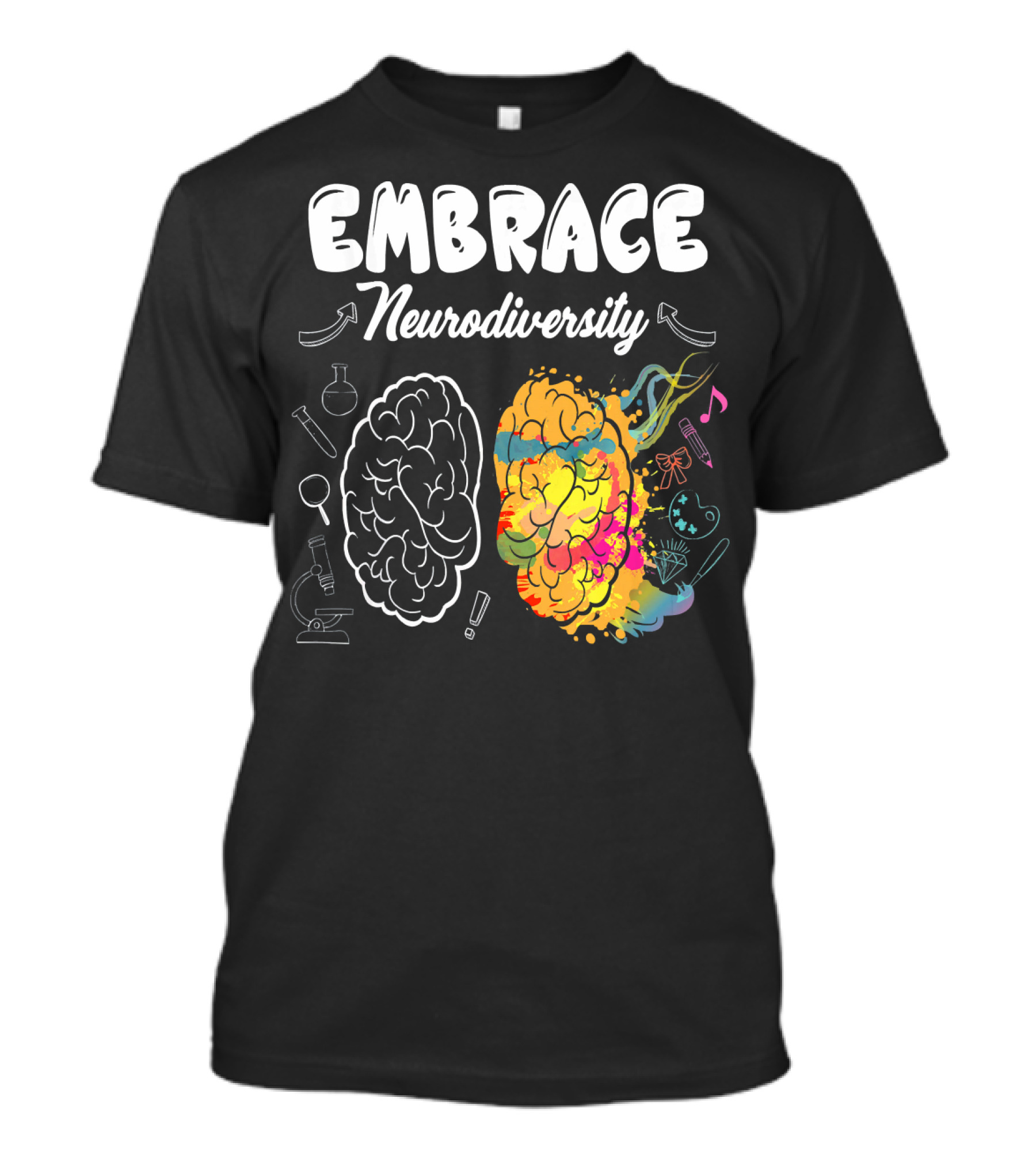 Embrace Neurodiversity Brain Autism Awareness Colorful Science Music Art Icons T-Shirt