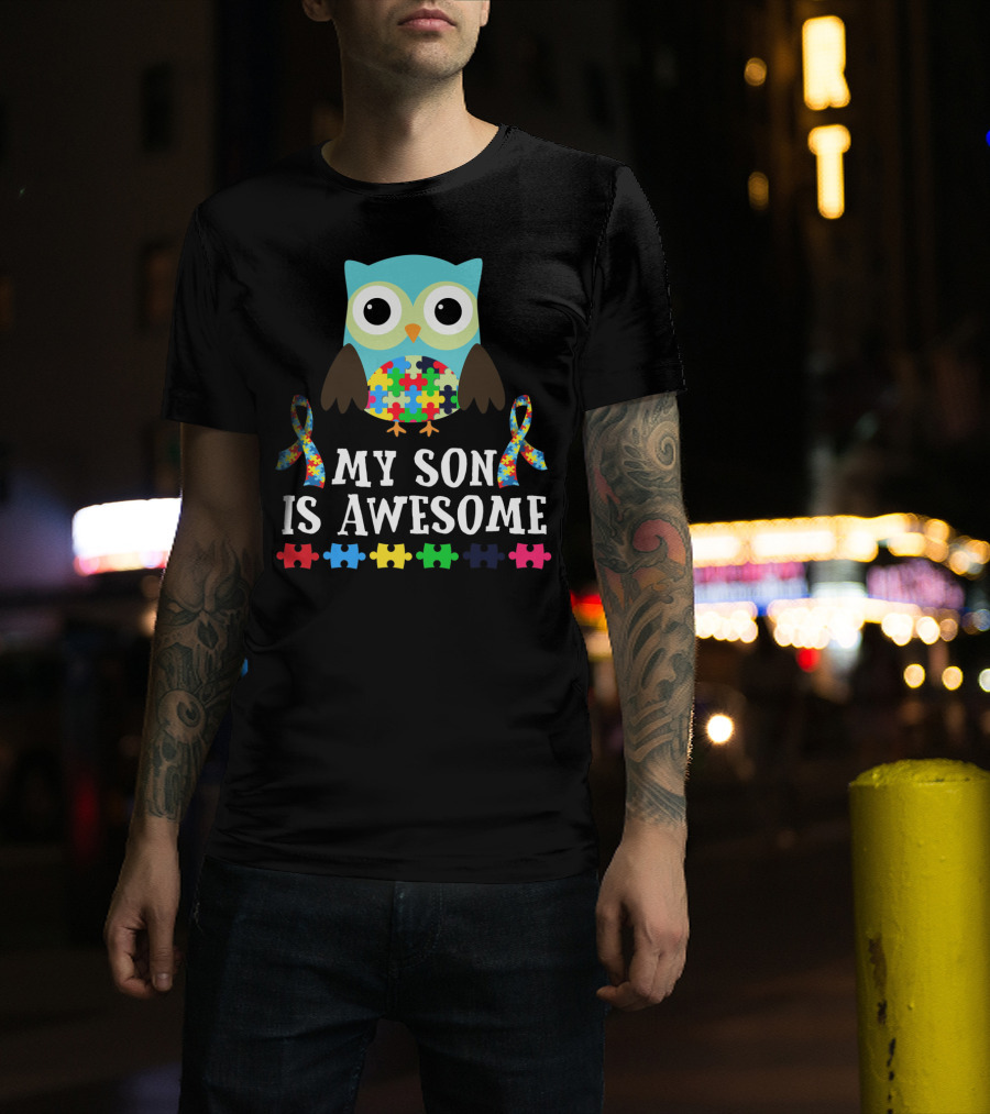My Son Is Awesome Autism Awareness Puzzle Owl T-Shirt
