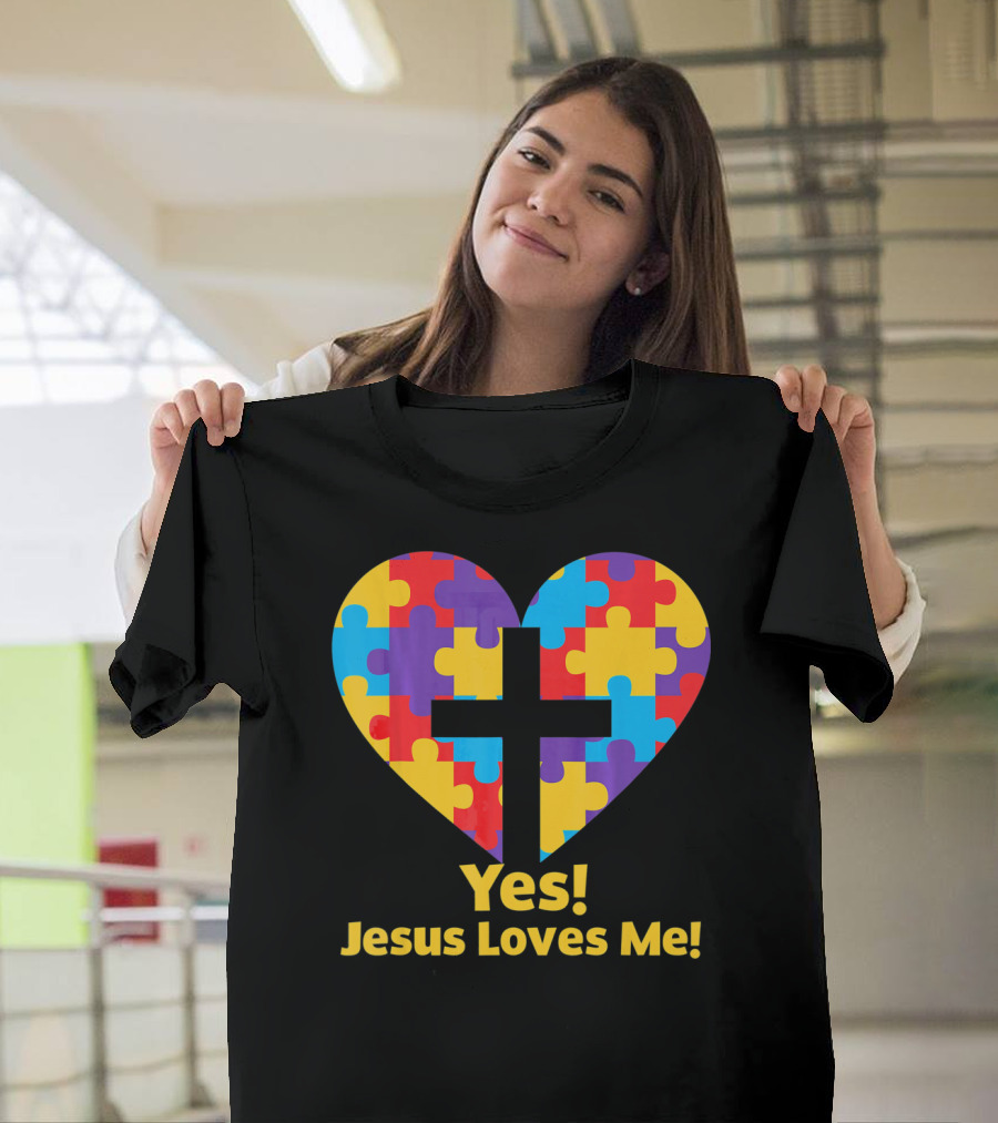 Yes Jesus Loves Me Autism Awareness Catholic Christian Cross Heart Puzzle T-Shirt