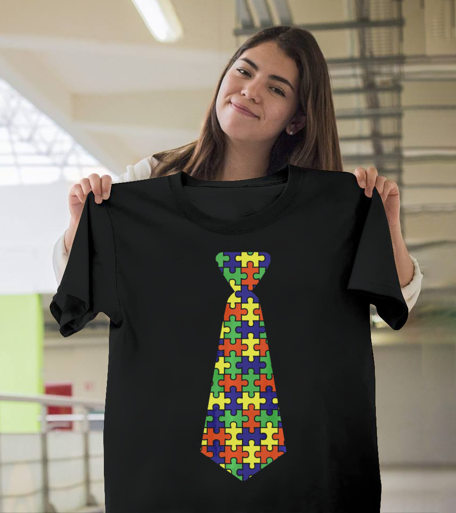 Autism Awareness Puzzle Pattern Neck Tie Support T-Shirt
