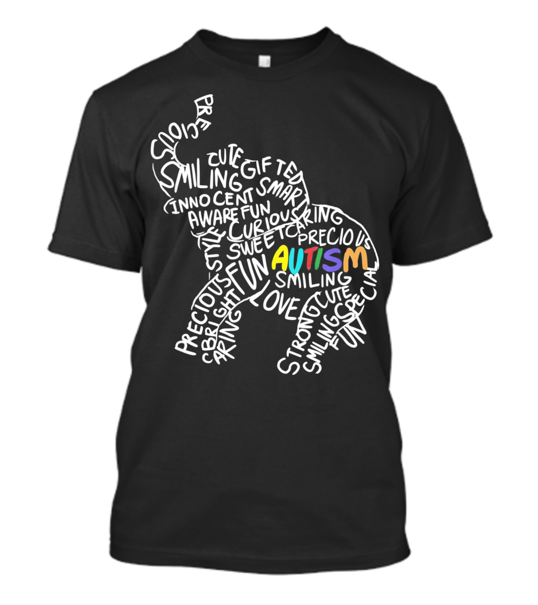 Autism Elephant Awareness Smiling Strong Gift Bright Curious Precious Fun T-Shirt