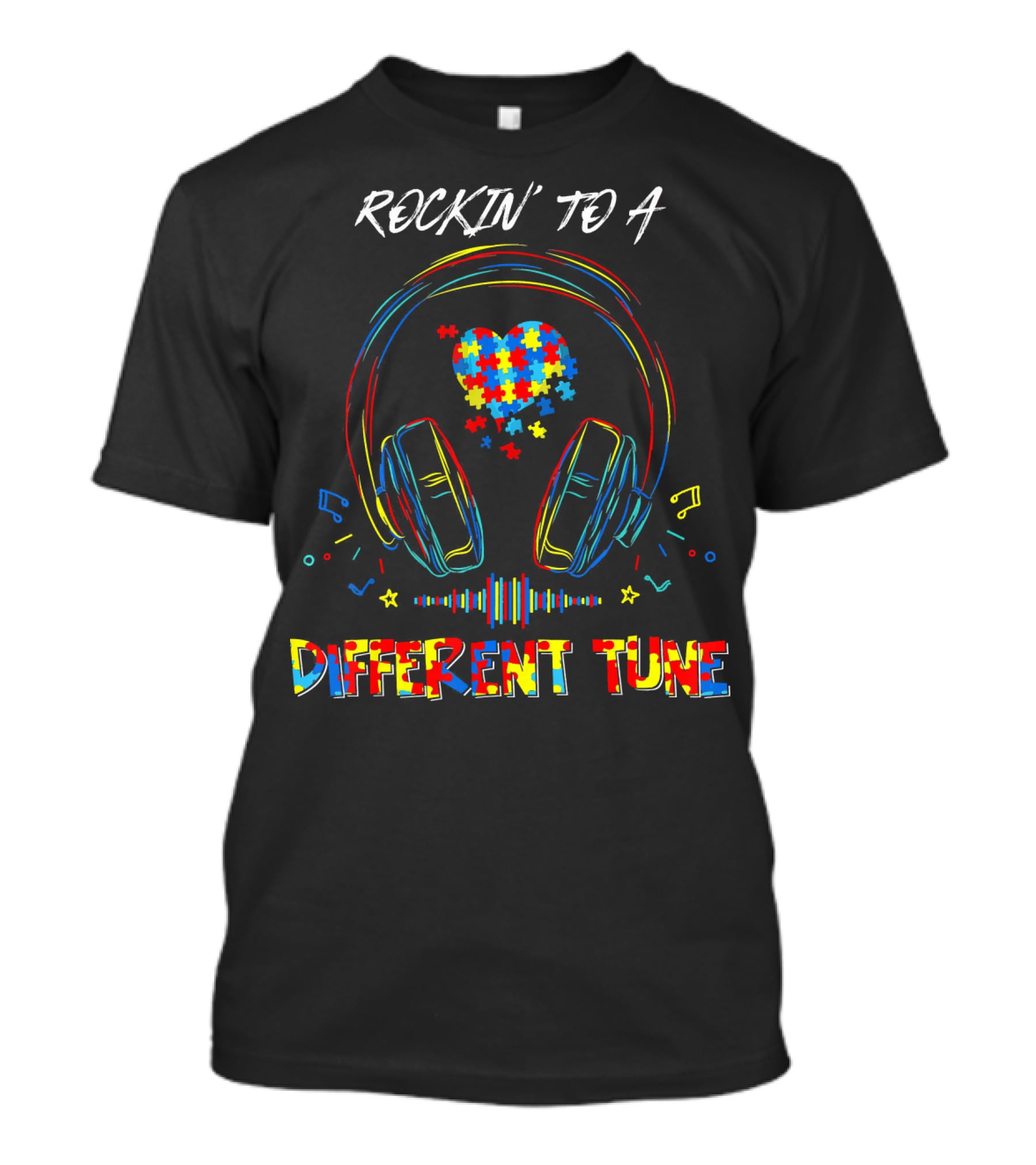 ROCKIN' TO A DIFFERENT TUNE Autism Awareness Headphones Puzzle Heart T-Shirt