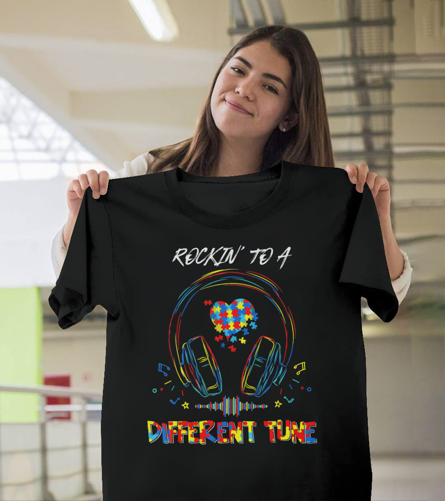 ROCKIN' TO A DIFFERENT TUNE Autism Awareness Headphones Puzzle Heart T-Shirt
