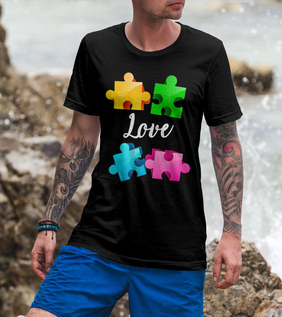 Autism Awareness Love With Colorful Puzzle Pieces T-Shirt