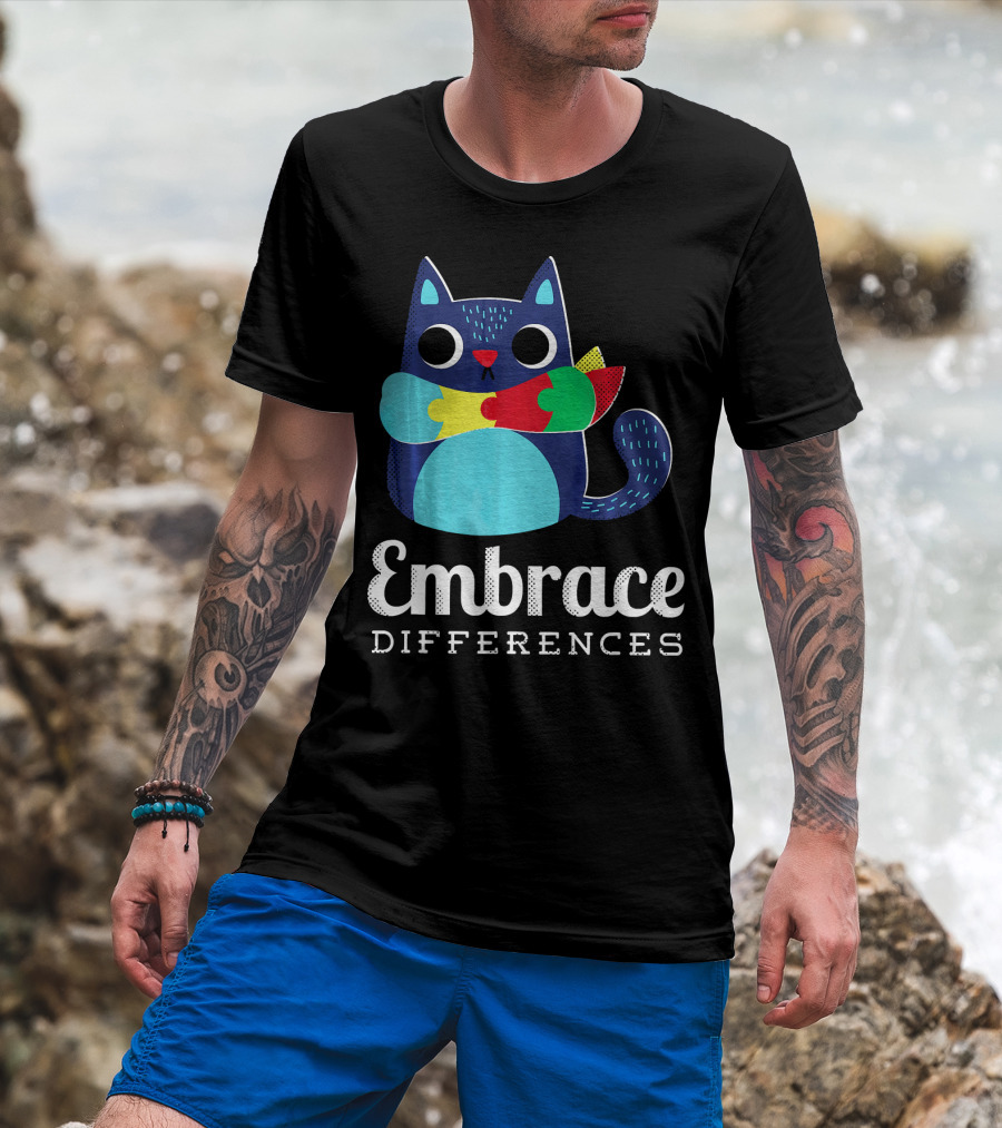 Embrace Differences Autism Support Awareness Puzzle Cat T-Shirt